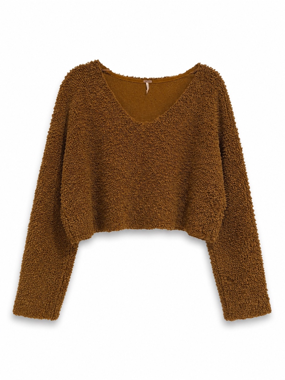Free People Chestnut Brown Cropped Sherpa V-Neck Sweater
